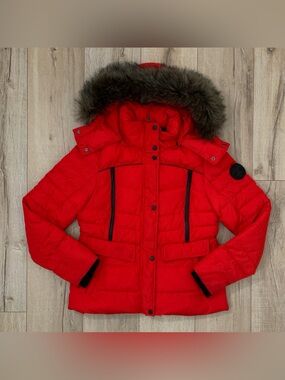 Superdry Womens Small Red Puffer Jacket Heavy Hooded Faux Fur Winter Coat S